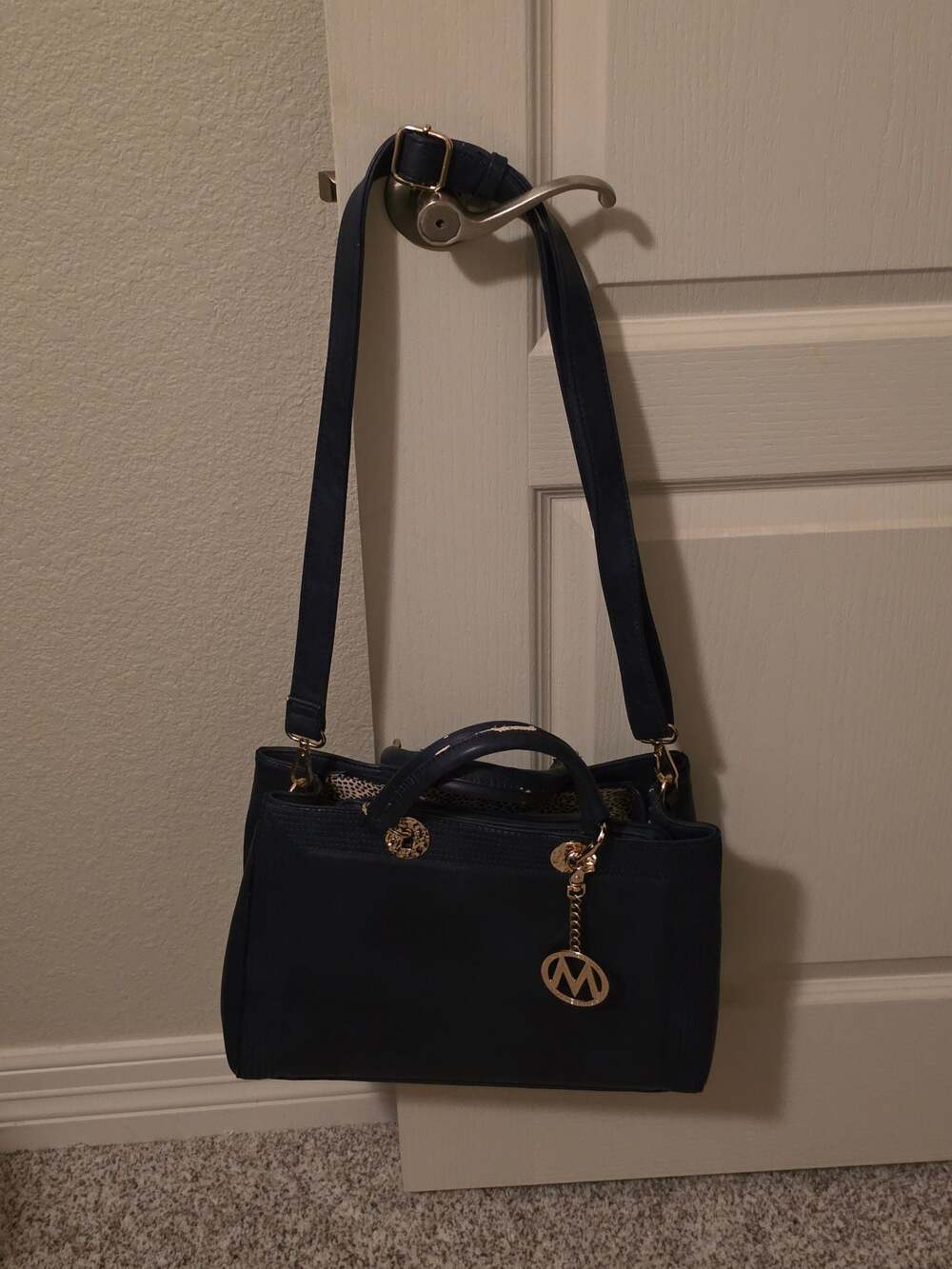 MKF Collection by Mia K. Farrow Navy Vegan Leather Satchel with M Charm